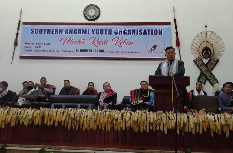 Dr Hovithal Sothu Project Director, TaFMA Nagaland addresses the general meeting of the Southern Angami Youth Organisation (SAYO) at Council Hall, Kigwema on December 14. (Morung Photo)